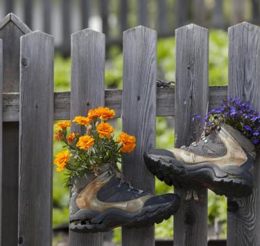 Wanderschuhe an einem Zaun